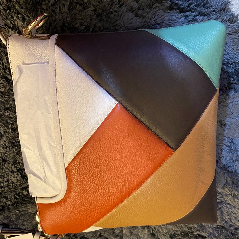Chic Patchwork Crossbody Bag in Brown, Orange, and Teal